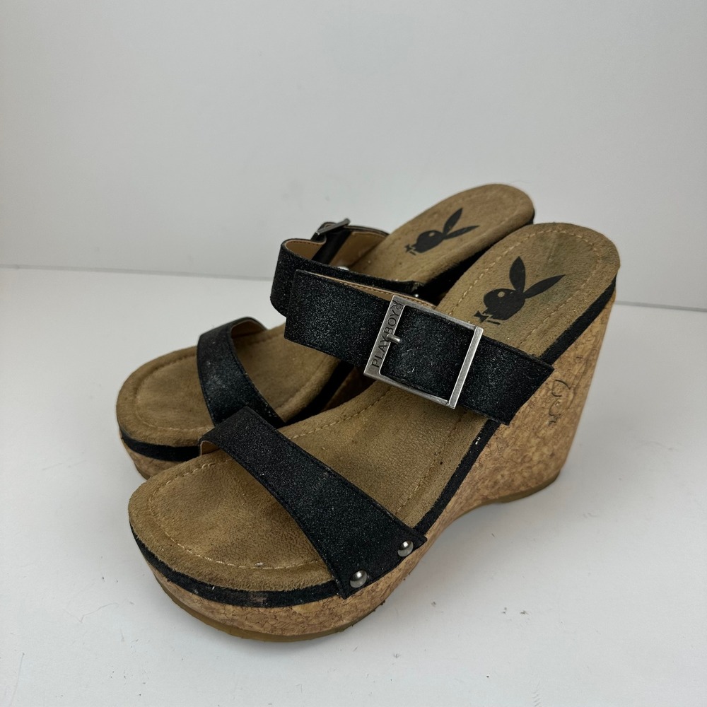 Playboy Y2K VTG Patty Black Glitter Cork Wedge Platform Sandals Womens 6.5
